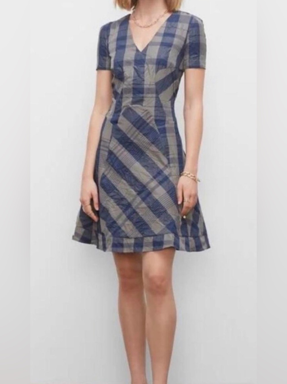 Club Monaco Blue and Gray Plaid V-Neck A-Line Mini Dress